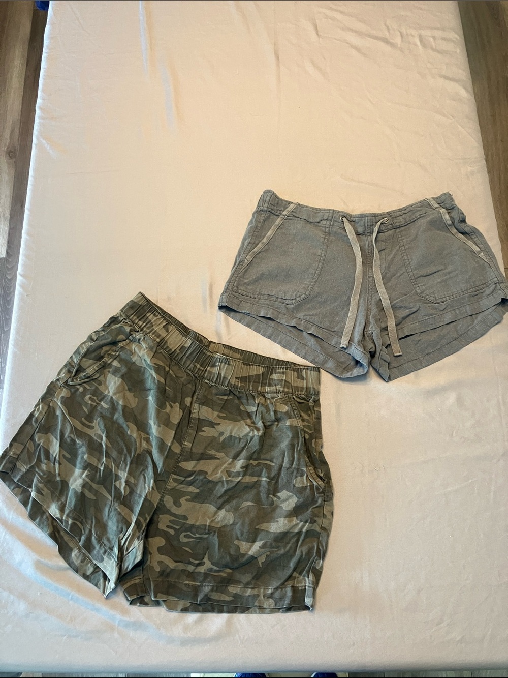Women's Athletic Shorts Pair - Olive Camo & Light Gray Drawstring